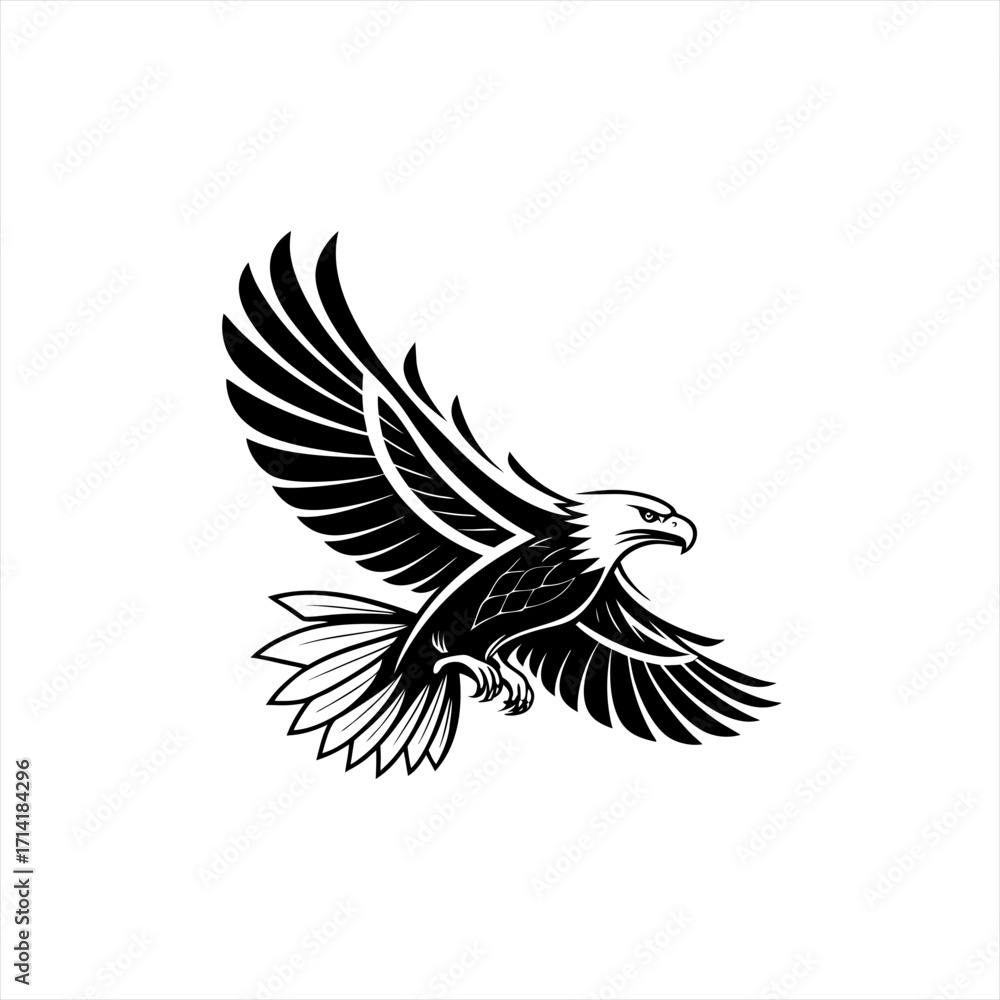 Fototapeta premium Majestic eagle in flight black and white illustration