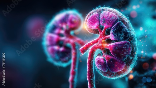 Close-up of two kidneys, vibrant pink-purple,  with detailed microscopic structure,  and glowing particles