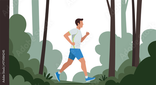 Illustration of A Man Running in Forest Trees with Green and White Outfit
