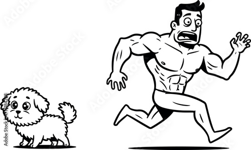 Illustration Of A Man Running From A Small Dog In Black And White
