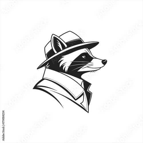 Stylized illustration of a raccoon wearing a fedora and trench coat