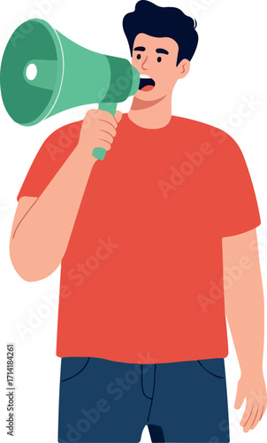 Illustration of a Man Speaking into a Green Megaphone in Front of White Background