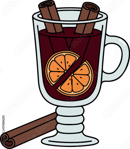 Illustration Of A Mulled Wine With Cinnamon Sticks And Orange Slice On White