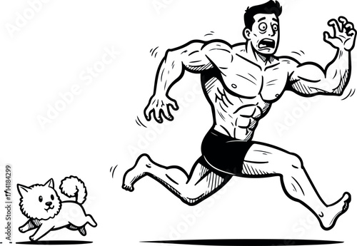 Illustration of a Muscular Man Running Away from a Small Dog in Black and White