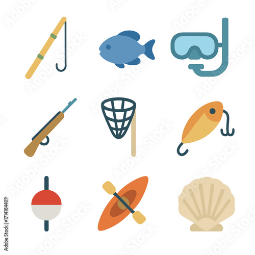 Flat fishing and diving icons set: rods, fish, goggles, kayak, and shell