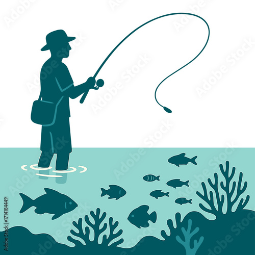 Night fishing adventure with silhouetted angler and glowing marine life