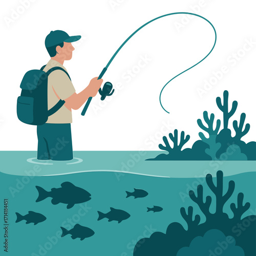Silhouette fisherman in nature: flat design art with aquatic elements