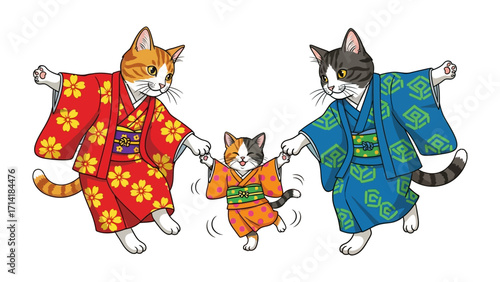 Kimono Cats Family : A colorful illustration of a feline family, joyfully linked together, dressed in ornate kimono robes, evoking a sense of cultural celebration, togetherness and happiness.