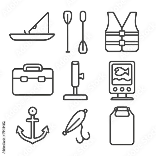 Fishing equipment icons in linear style: boat, anchor, fish finder, and more