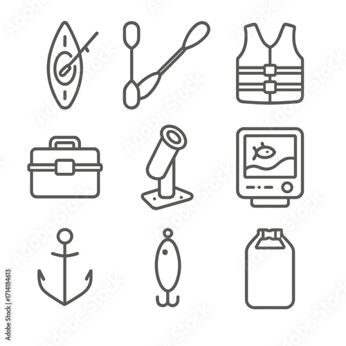 Minimalist outline icons of kayaking and fishing gear in gray tones