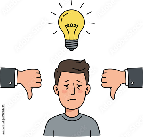 Illustration Of A Person Under The Pressure Of Negative Feedback With Idea Bulb Light