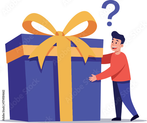 Illustration of a Person Interacting with a Large Gift Box with Question Mark and Yellow Ribbon