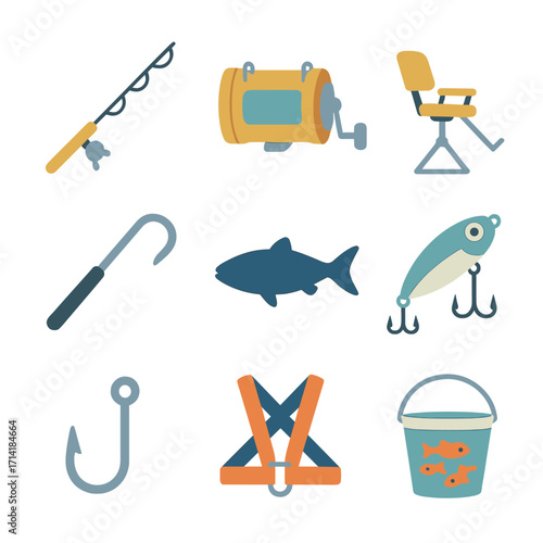 Colorful fishing equipment icons on dark background