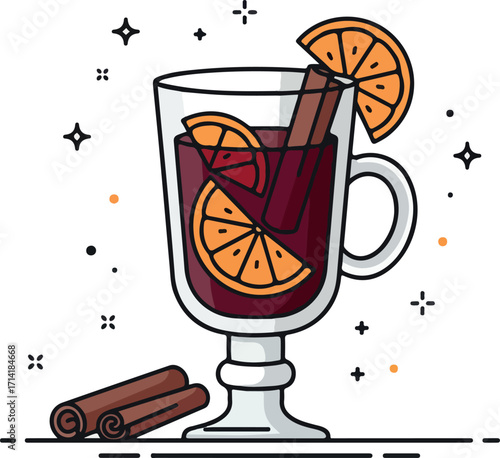 Illustration Of A Pixelated Mulled Wine Glass With Cinnamon Sticks and Orange Slices