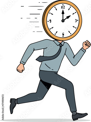 Illustration Of A Running Person With A Clock Face In A Blue And Black Outfit