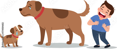 Illustration of a Sad Dog Puppy and Boy with Tears on White Background