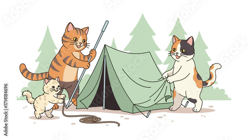 Camp Cats : A charming illustration showcases a family of adorable cats setting up a tent in a scenic outdoor setting, embodying a sense of adventure and unity.