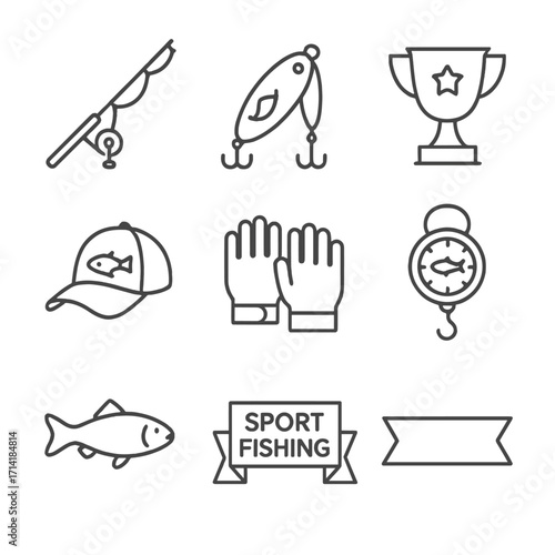 Fishing icons set: trophy, rod, lure, fish, hat, gloves, sign, and badge