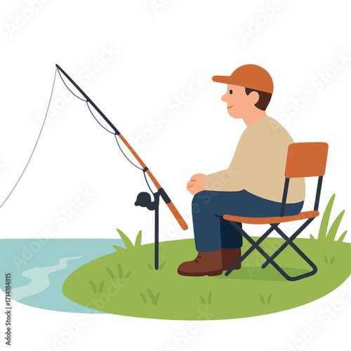 Cozy evening fishing scene: man relaxing on chair by lakeside