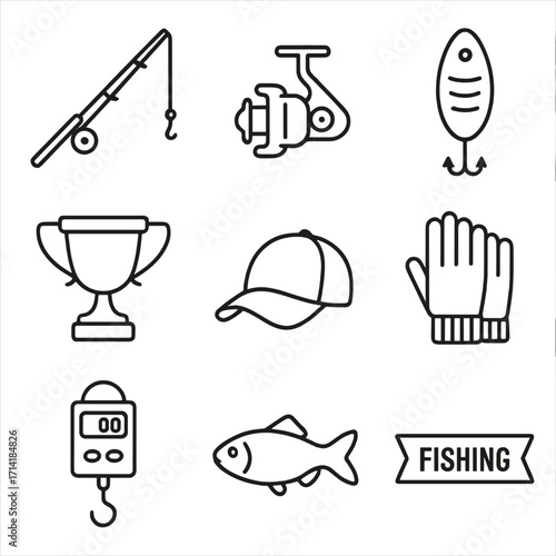 Fishing equipment icons: line art set featuring rod, reel, lure, trophy, cap, gloves, scale, fish, and sign