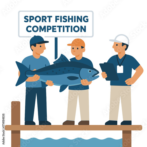 Sport fishing competition scene with fishermen holding large fish on dock