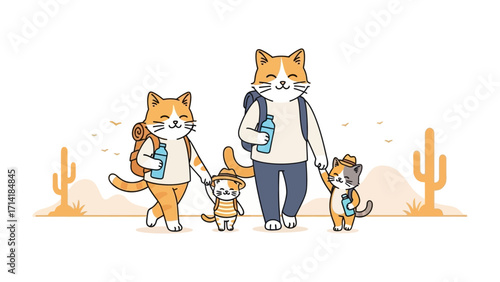 Family Cat Adventure: A cheerful cat family, backpacks and water bottles in tow, embarks on a journey through a stylized desert landscape, hand-in-hand.