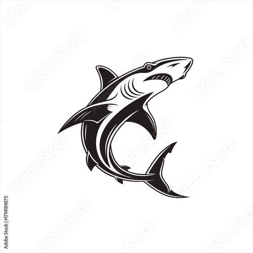 Stylized black and white shark illustration with sharp teeth and fins