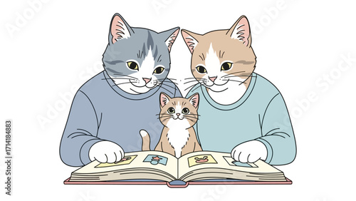Family Cat and Memory Book: A tender illustration of a cat family huddled together, sharing moments from a memory book, celebrating family connection and cherishing the simple joys of companionship.