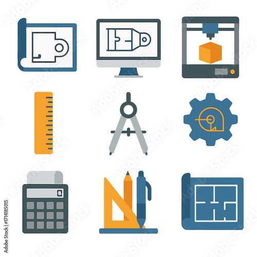 Modern design tools: blueprint, 3d printing, and digital drafting icons