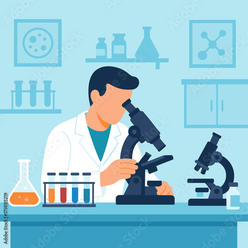 Scientist using microscope in modern laboratory setting
