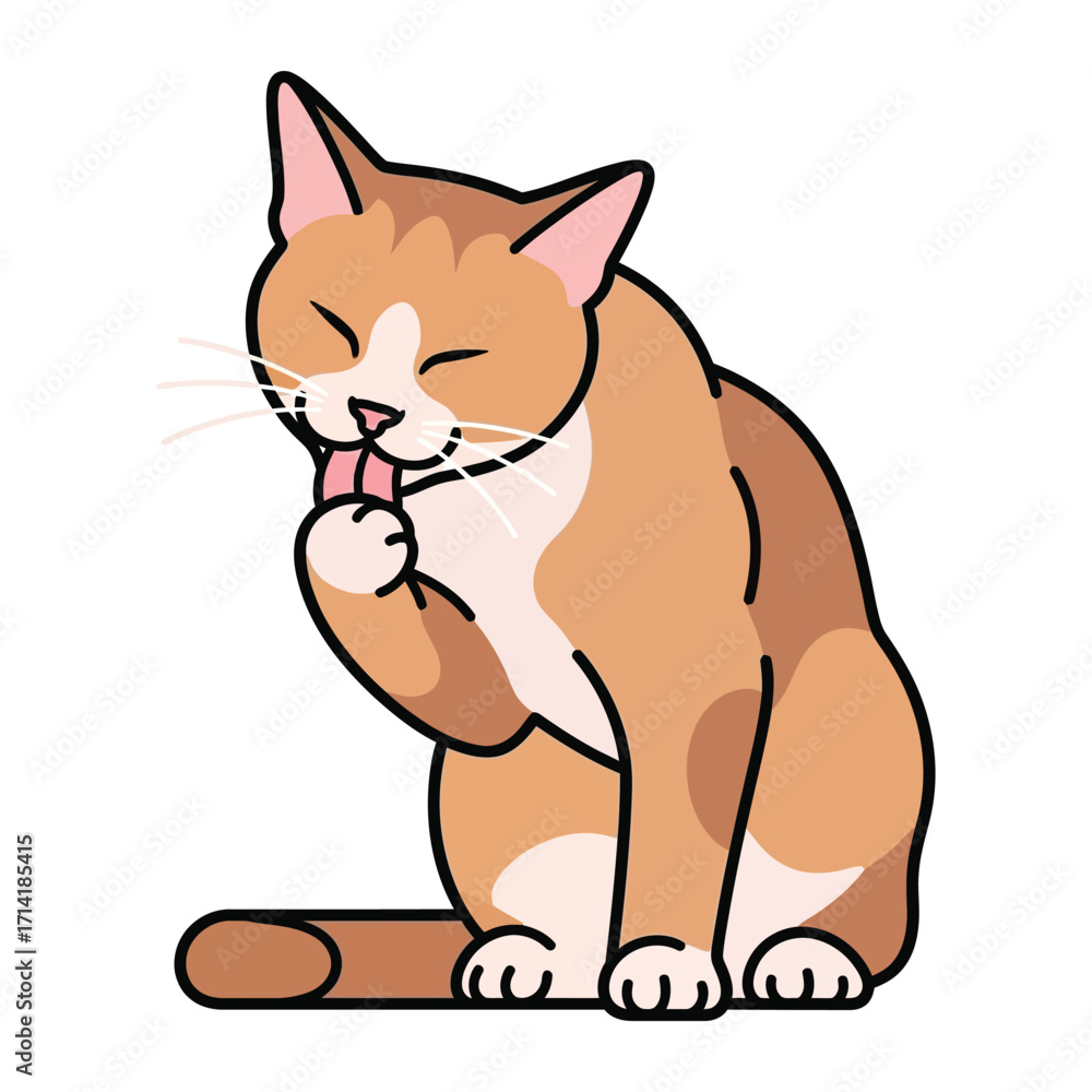 Obraz premium Whiskered Grooming: A charming illustration captures a ginger cat in a moment of self-care, diligently grooming its paws. A lighthearted and cute depiction of feline hygiene.
