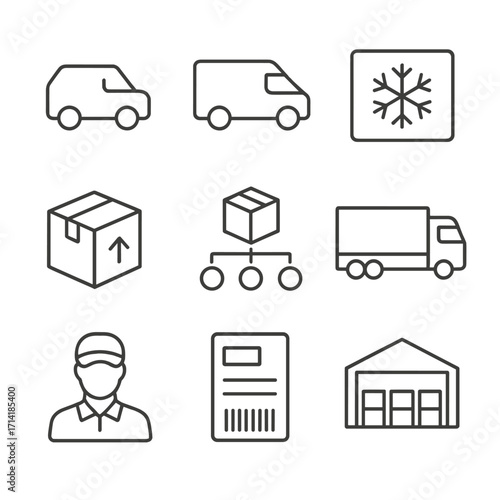 Line icons for delivery and logistics: truck, warehouse, and package symbols
