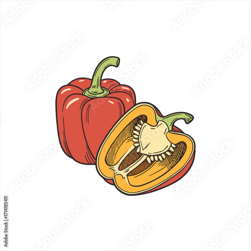 Red bell pepper whole and halved with seeds