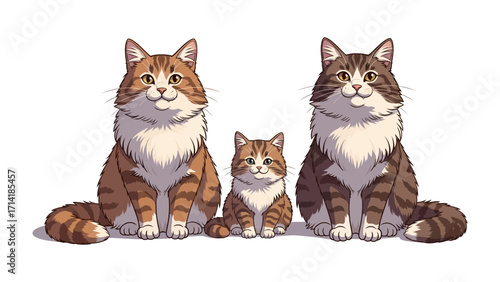 Happy Cat Family Portrait: A charming, heartwarming portrait of a happy cat family. Captured in a colorful illustration, featuring three adorable felines with big smiles.