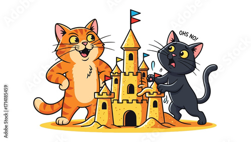Cats Building Sand Castle: Two charming cartoon cats, a ginger and a black, team up to build a magnificent sandcastle, showcasing the joy of teamwork and shared adventure on a sunny day at the beach.