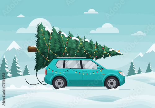 Teal SUV Carrying a Decorated Christmas Tree Through a Snowy Winter Landscape.