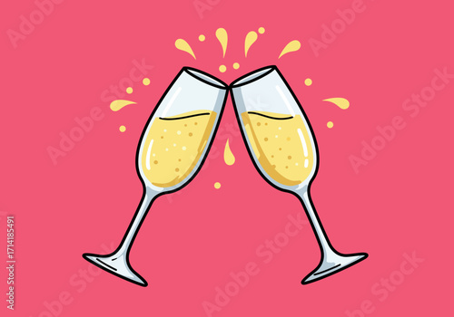 Two Champagne Flutes Toasting with Bubbles on Pink Background.