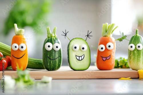 Playful vegetable characters on wooden cutting board with smiling faces and fresh garnish