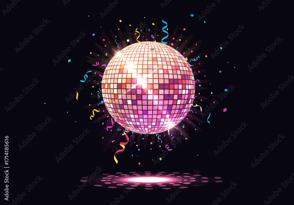 Obraz premium Vibrant Disco Ball with Confetti and Light Reflections on Dark Background.