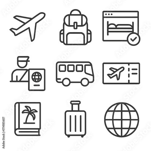 Travel icon set featuring airplane, backpack, booking, and global elements in linear style