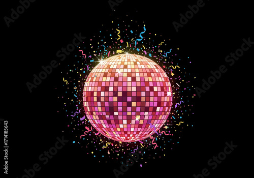 Vibrant Disco Ball with Confetti on Black Background.