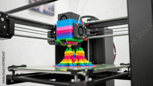 3D printer creating a vibrant rainbow object, showcasing modern additive manufacturing technology and innovative design process.
