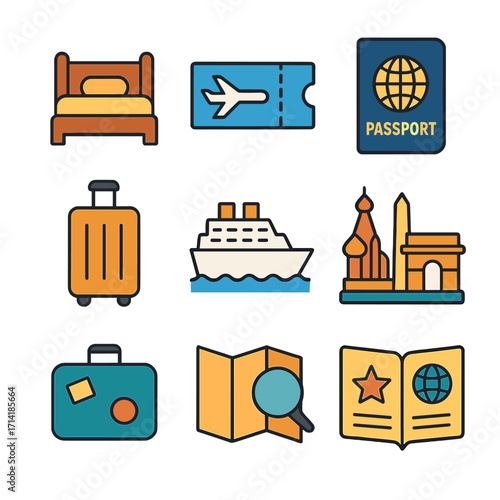 Colorful travel icons set featuring passport, luggage, and vacation elements