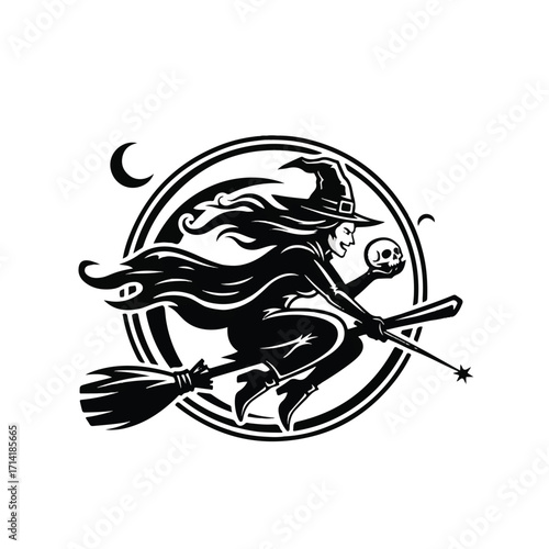 Black and white illustration of a witch flying on a broomstick, holding a skull and a magic wand, within a circular emblem.