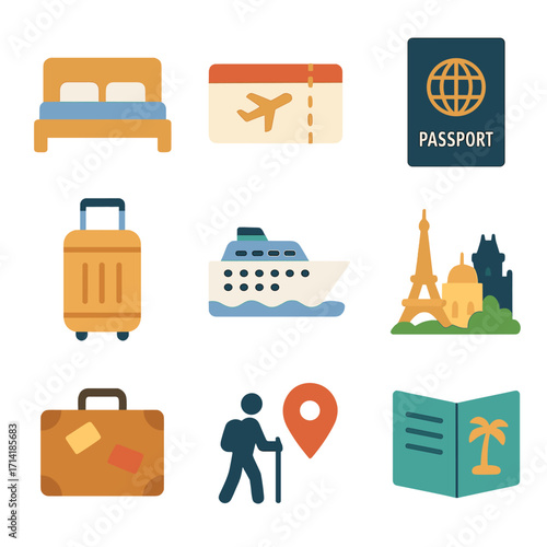 Travel icons: passport, tickets, and more in vibrant style