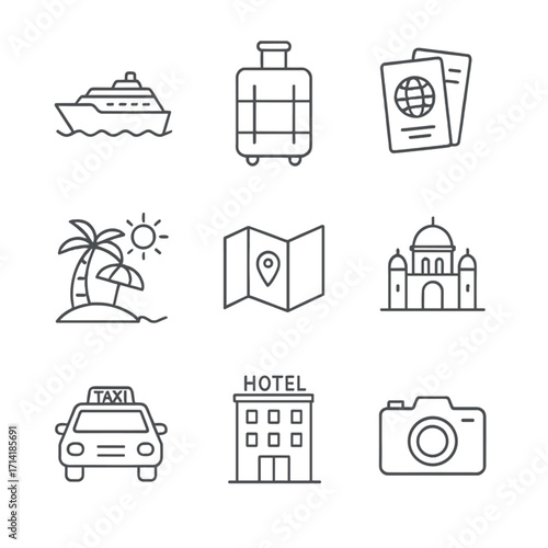 Travel icons set in modern outline style featuring popular vacation essentials