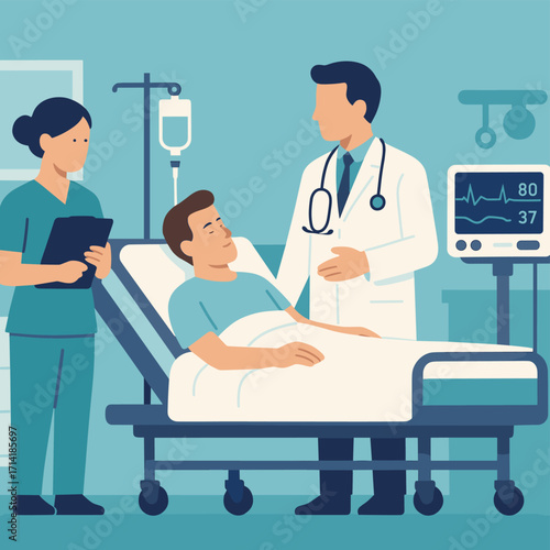 Healthcare professionals assisting patient in hospital room with medical equipment in modern flat design