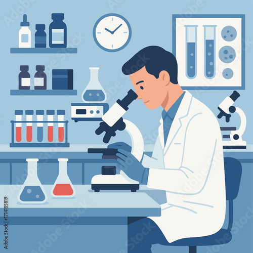 Scientist conducting laboratory research with microscope in modern laboratory setting