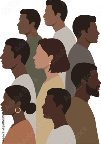 Illustration of Diverse Group People in Profile on Isolated White Background