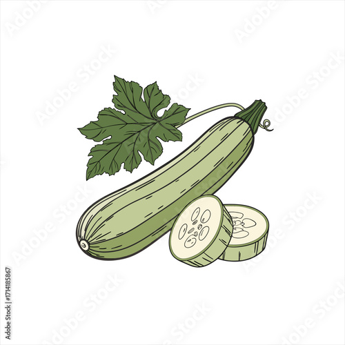 Illustration of a whole zucchini with a leaf and two slices